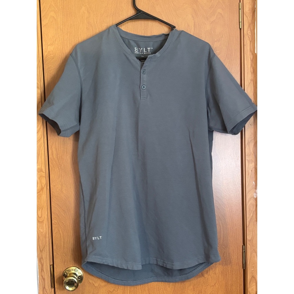BYLT Premium Basics Lux Henley Shirt Mens Large Blue Gray Short Sleeve Drop Cut